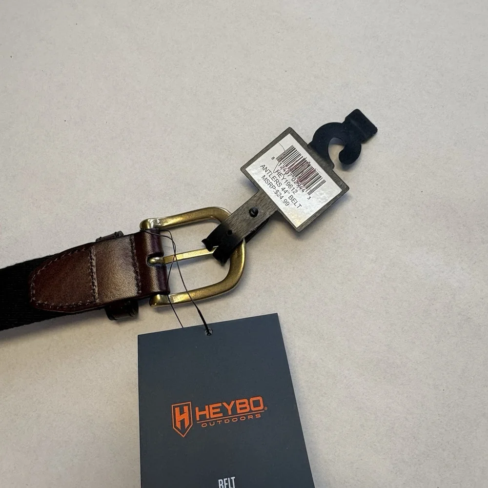 Heybo Outdoors Antlers Canvas Leather Belt Brown Tan Size 44 New